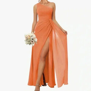 One Shoulder Bridesmaid Dress Long Ruched Chiffon A Line Formal Dress wi…